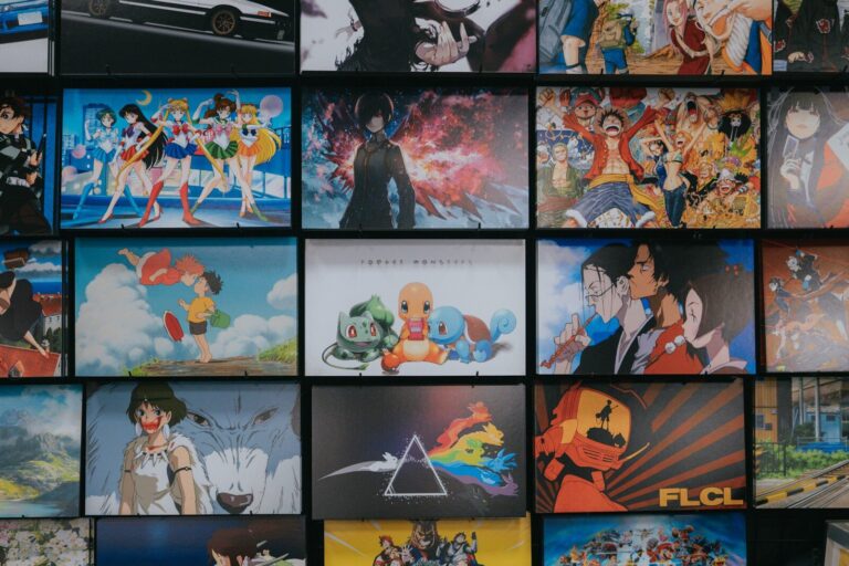 A wall of framed anime posters and illustrations arranged in a grid