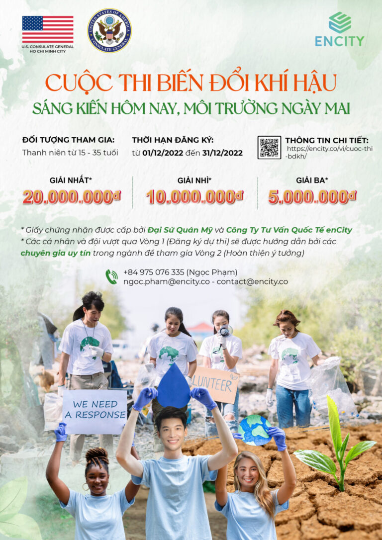 Vietnamese climate change contest poster for youth ages 15–35, with registration dates, prizes, QR code, and contact details