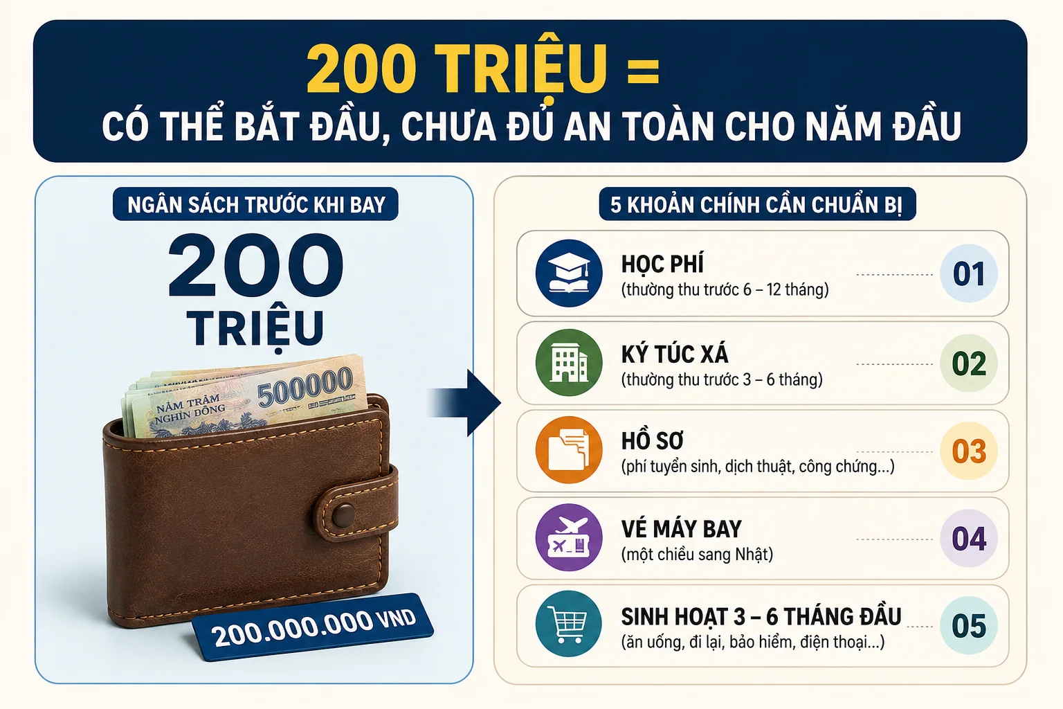 Du học Nhật Bản với 200 triệu: Có đi được không? 1 200 triệu có thể bắt đầu du học Nhật Bản nhưng chưa đủ an toàn cho năm đầu
