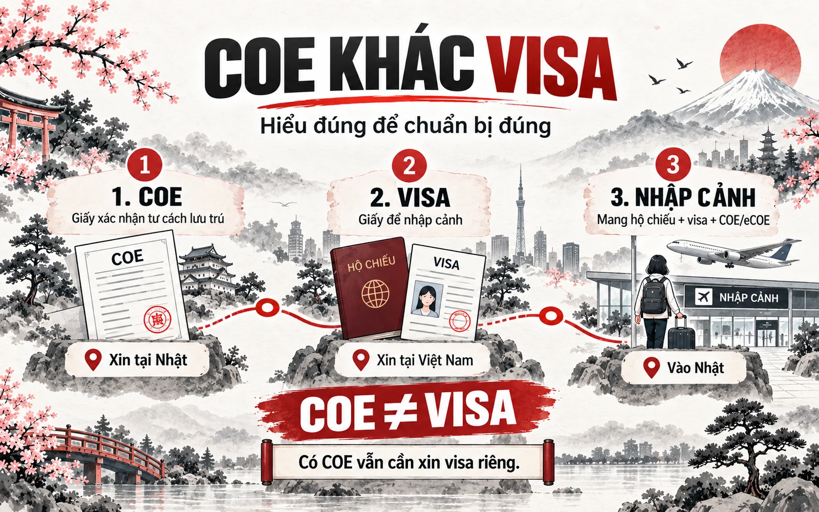 COE là gì trong du học Nhật Bản? Quy trình, thời hạn và lưu ý 2026 1 Infographic so sánh COE và visa du học Nhật Bản, nhấn mạnh COE không bảo đảm được cấp visa
