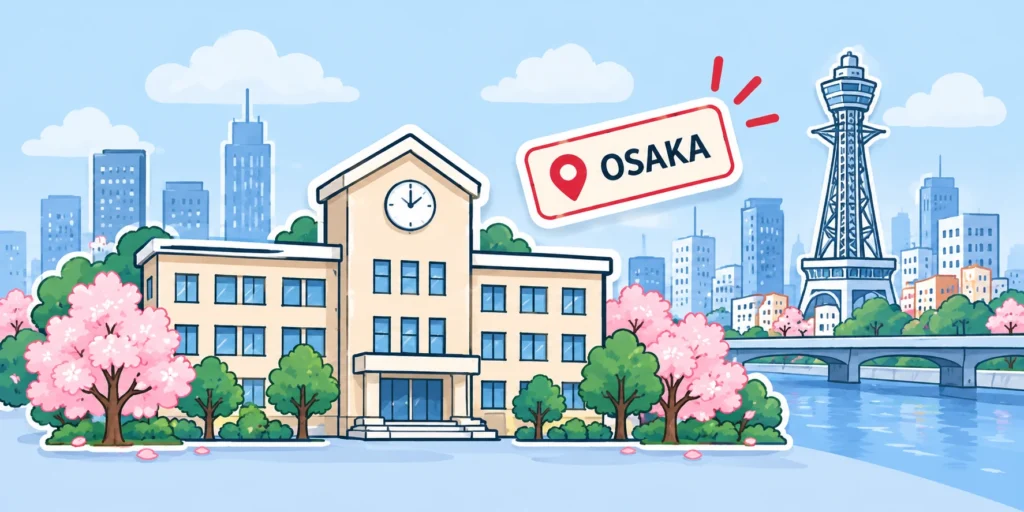 Minh họa trường học và thành phố Osaka