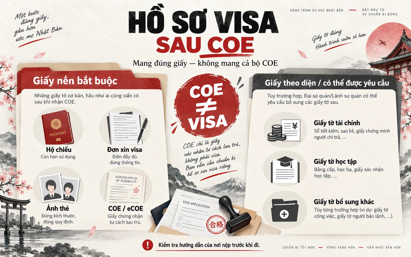 Infographic hồ sơ visa sau COE gồm hộ chiếu, đơn visa và ảnh, COE hoặc eCOE và giấy bổ sung theo diện
