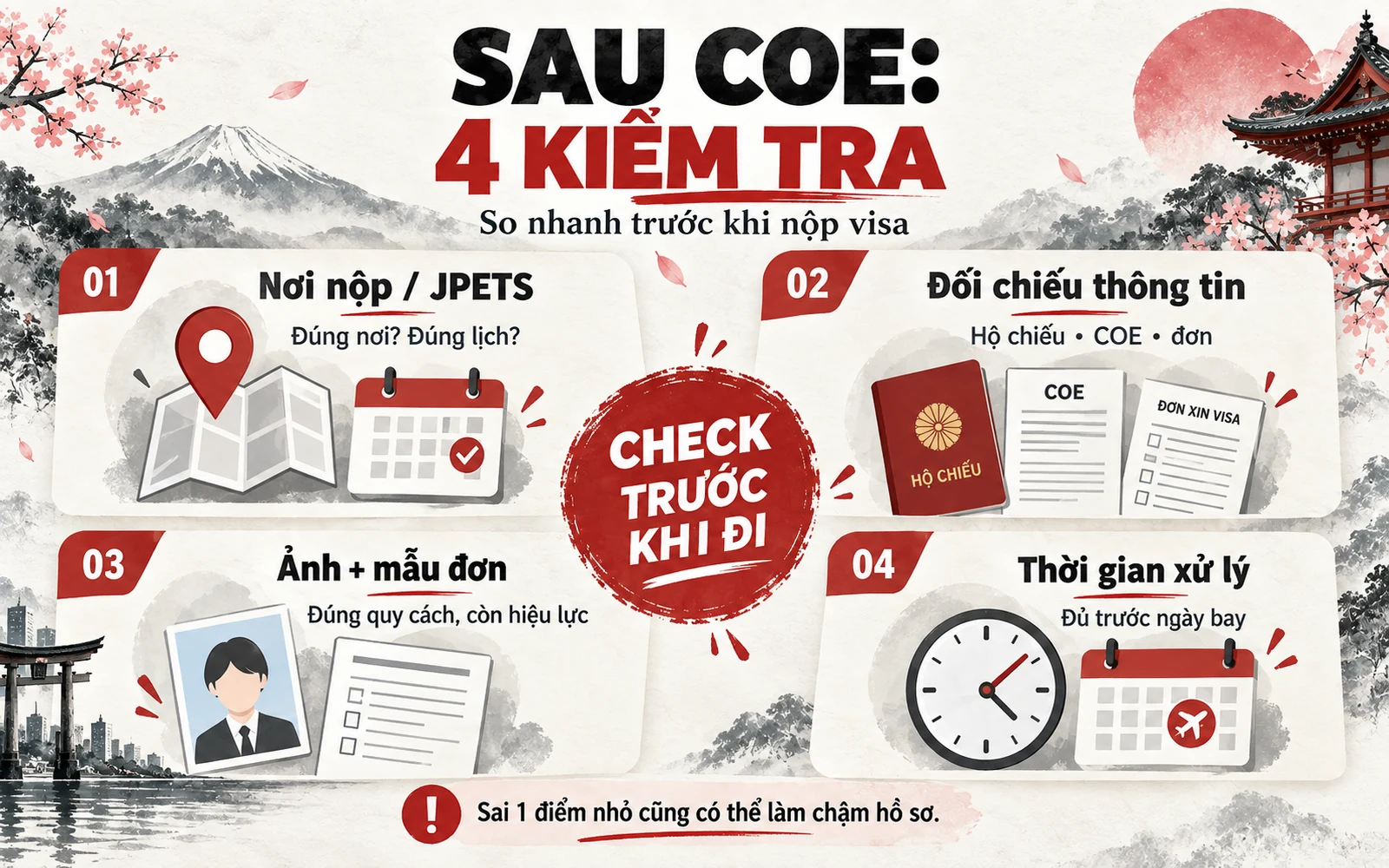Infographic bốn kiểm tra sau khi có COE gồm JPETS, hồ sơ, nơi nộp và thời gian xét visa